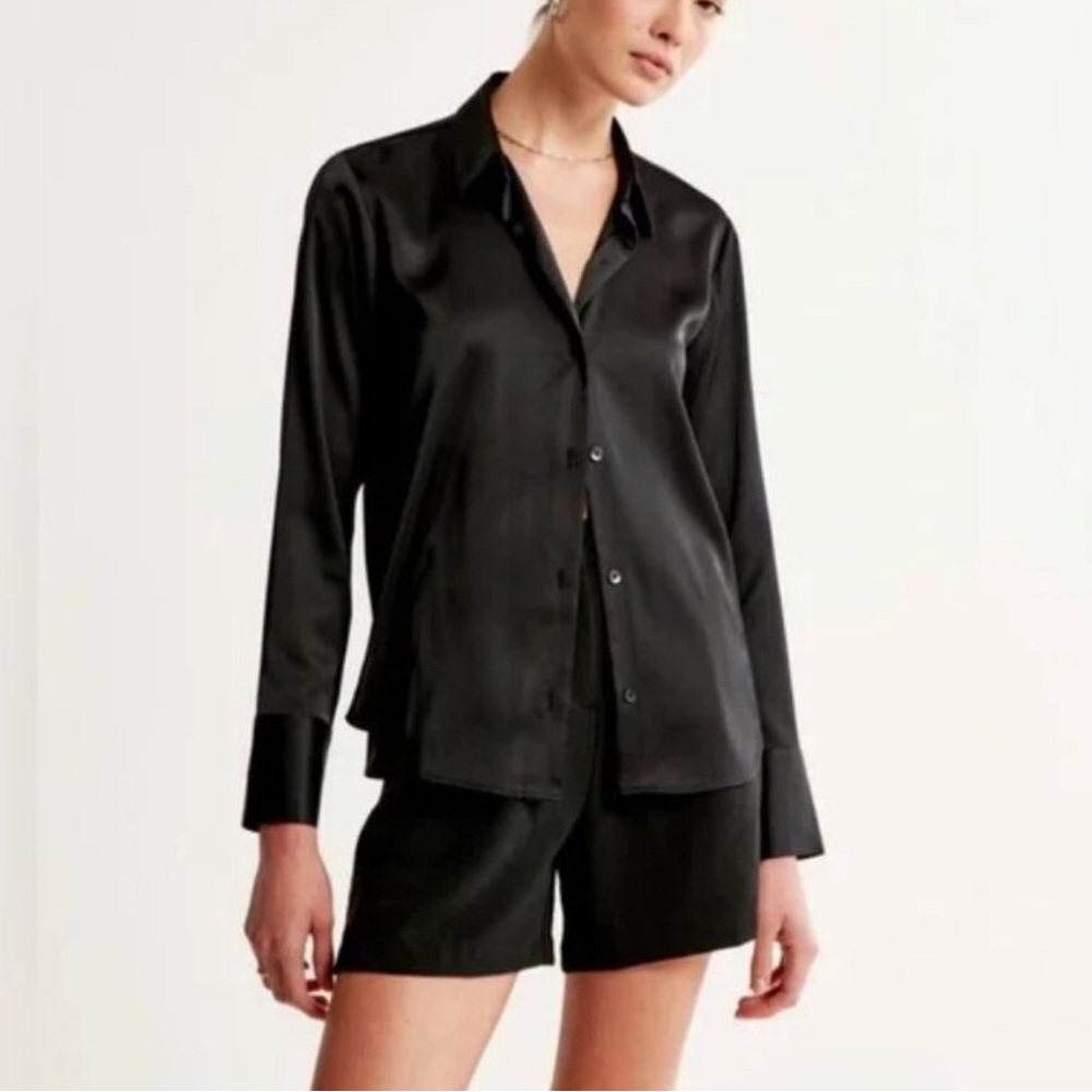 A&F Black Satin Button Down Blouse - Picture 2 of 11